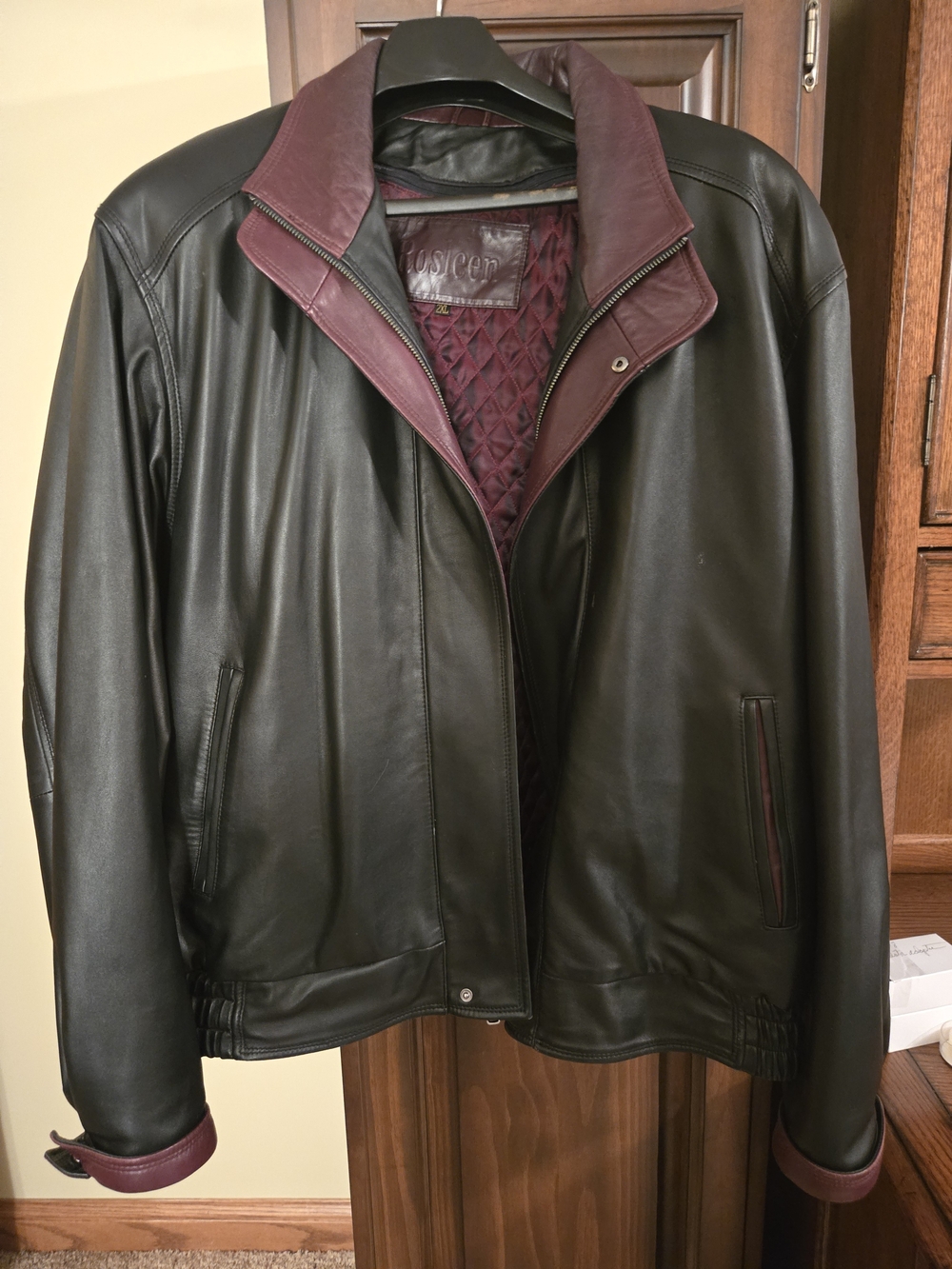 Men's Black Leather Jacket with Burgundy Trim
